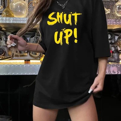 Kadın Tişört Shut up Baskılı Bisiklet Yaka Kısa Kol T-shirt - Siyah Kadın Tişört Shut up Baskılı Bisiklet Yaka Kısa Kol T-shirt - Siyah