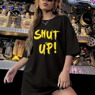 Kadın Tişört Shut up Baskılı Bisiklet Yaka Kısa Kol T-shirt - Siyah Kadın Tişört Shut up Baskılı Bisiklet Yaka Kısa Kol T-shirt - Siyah