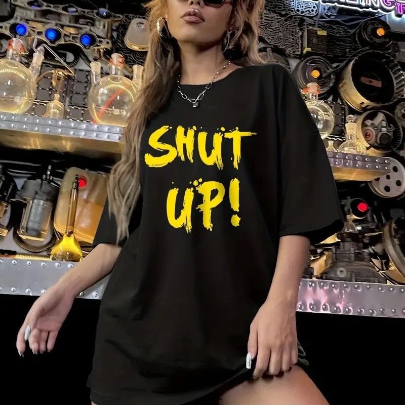 Kadın Tişört Shut up Baskılı Bisiklet Yaka Kısa Kol T-shirt - Siyah Kadın Tişört Shut up Baskılı Bisiklet Yaka Kısa Kol T-shirt - Siyah