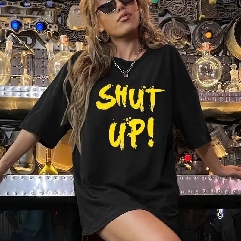 Kadın Tişört Shut up Baskılı Bisiklet Yaka Kısa Kol T-shirt - Siyah Kadın Tişört Shut up Baskılı Bisiklet Yaka Kısa Kol T-shirt - Siyah