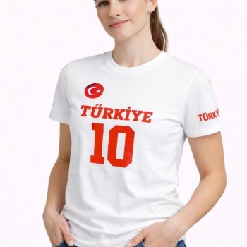 Kadın TÜRKİYE Ay Yıldız Baskılı 10 Numara Forma Tişört Taraftar T-Shirt - Beyaz Kadın TÜRKİYE Ay Yıldız Baskılı 10 Numara Forma Tişört Taraftar T-Shirt - Beyaz