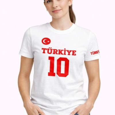 Kadın TÜRKİYE Ay Yıldız Baskılı 10 Numara Forma Tişört Taraftar T-Shirt - Beyaz Kadın TÜRKİYE Ay Yıldız Baskılı 10 Numara Forma Tişört Taraftar T-Shirt - Beyaz