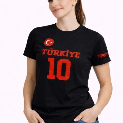 Kadın TÜRKİYE Ay Yıldız Baskılı 10 Numara Forma Tişört Taraftar T-Shirt - Siyah Kadın TÜRKİYE Ay Yıldız Baskılı 10 Numara Forma Tişört Taraftar T-Shirt - Siyah
