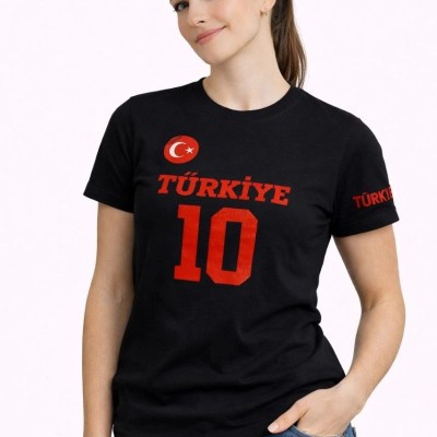 Kadın TÜRKİYE Ay Yıldız Baskılı 10 Numara Forma Tişört Taraftar T-Shirt - Siyah Kadın TÜRKİYE Ay Yıldız Baskılı 10 Numara Forma Tişört Taraftar T-Shirt - Siyah