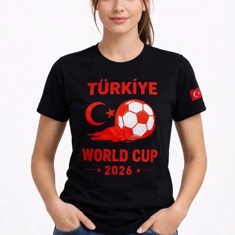 Kadın Türkiye World Cup 2026 Baskılı Tişört Futbol Temalı Forma T-Shirt - Siyah Kadın Türkiye World Cup 2026 Baskılı Tişört Futbol Temalı Forma T-Shirt - Siyah