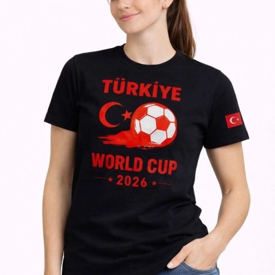 Kadın Türkiye World Cup 2026 Baskılı Tişört Futbol Temalı Forma T-Shirt - Siyah Kadın Türkiye World Cup 2026 Baskılı Tişört Futbol Temalı Forma T-Shirt - Siyah