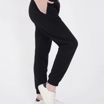 Kadın Üç İplik Pamuklu Paçası Lastikli Baskılı Eşofman Pantolon - Siyah