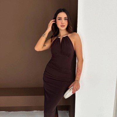 Kadın Uzun Abiye Elbise Yırtmaçlı Sırt Dekolteli Şık Gece Elbisesi - Kahverengi Kadın Uzun Abiye Elbise Yırtmaçlı Sırt Dekolteli Şık Gece Elbisesi - Kahverengi