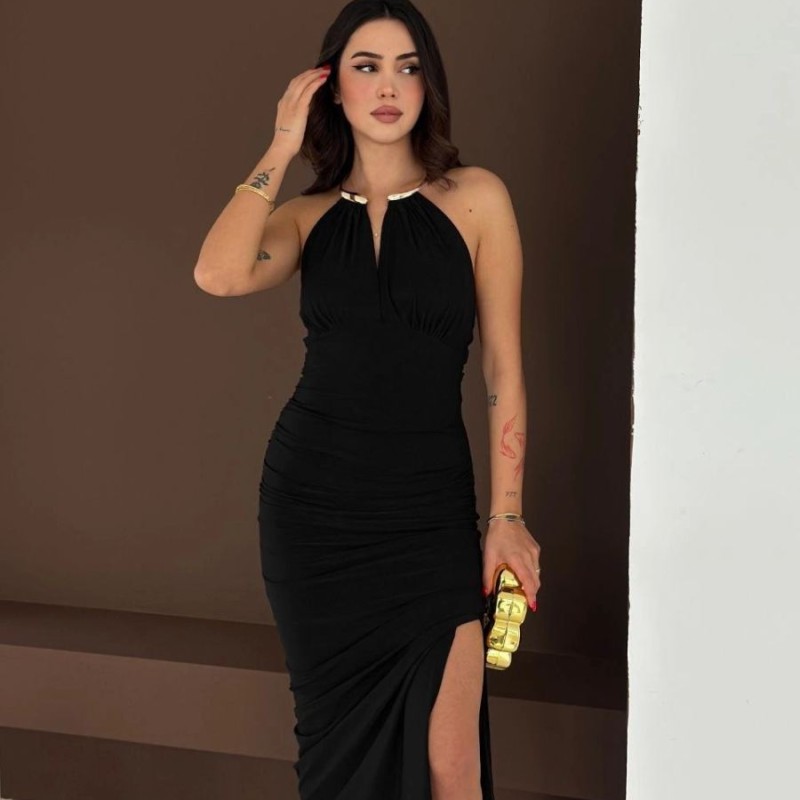 Kadın Uzun Abiye Elbise Yırtmaçlı Sırt Dekolteli Şık Gece Elbisesi - Siyah Kadın Uzun Abiye Elbise Yırtmaçlı Sırt Dekolteli Şık Gece Elbisesi - Siyah