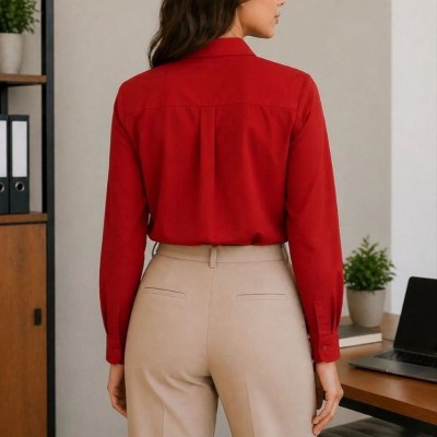 Kadın Uzun Kol Gömlek Düğmeli Klasik Yaka Günlük ve Ofis Şıklığına uygun - Kırmızı Kadın Uzun Kol Gömlek Düğmeli Klasik Yaka Günlük ve Ofis Şıklığına uygun - Kırmızı