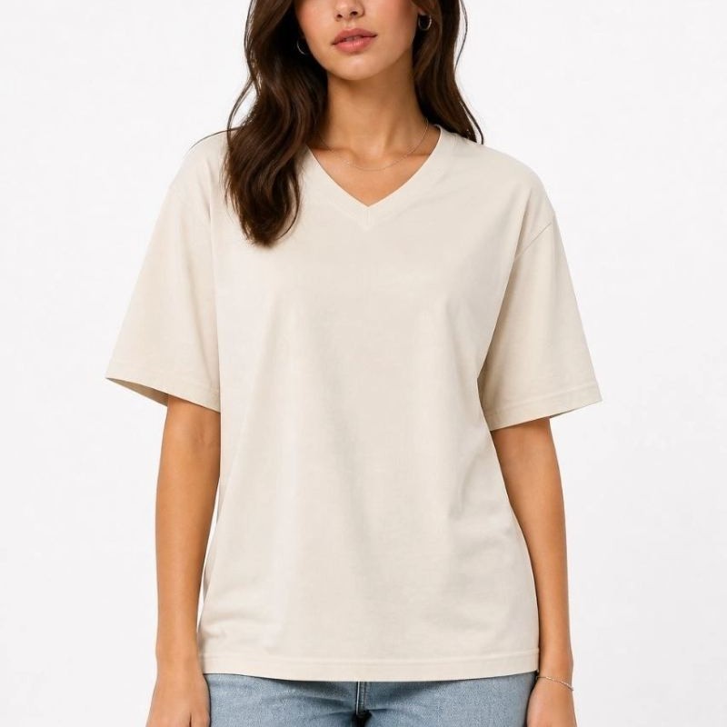 Kadın V Yaka Basic Tişört Kısa Kol Yazlık Regular Fit T-Shirt - Bej Kadın V Yaka Basic Tişört Kısa Kol Yazlık Regular Fit T-Shirt - Bej
