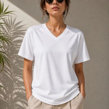 Kadın V Yaka Basic Tişört Kısa Kol Yazlık Regular Fit T-Shirt - Beyaz Kadın V Yaka Basic Tişört Kısa Kol Yazlık Regular Fit T-Shirt - Beyaz