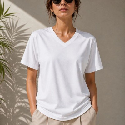 Kadın V Yaka Basic Tişört Kısa Kol Yazlık Regular Fit T-Shirt - Beyaz Kadın V Yaka Basic Tişört Kısa Kol Yazlık Regular Fit T-Shirt - Beyaz
