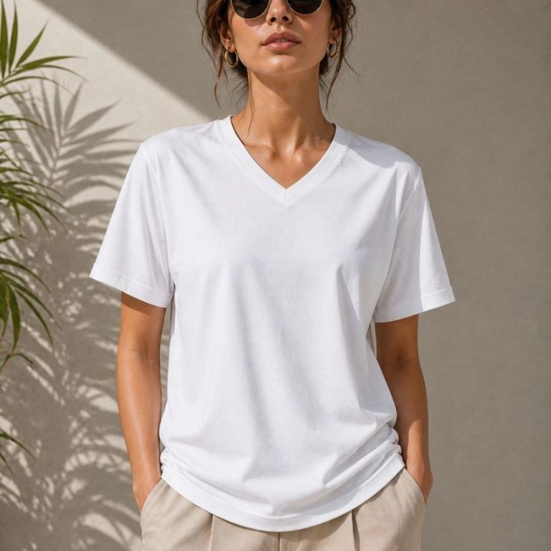 Kadın V Yaka Basic Tişört Kısa Kol Yazlık Regular Fit T-Shirt - Beyaz Kadın V Yaka Basic Tişört Kısa Kol Yazlık Regular Fit T-Shirt - Beyaz
