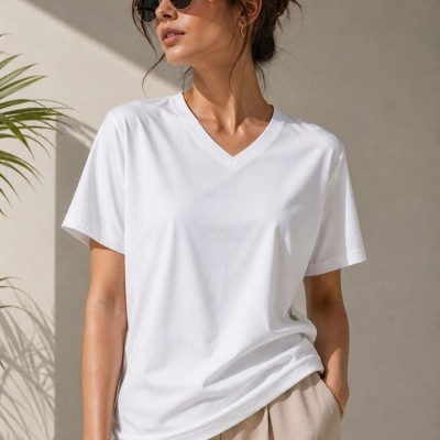 Kadın V Yaka Basic Tişört Kısa Kol Yazlık Regular Fit T-Shirt - Beyaz Kadın V Yaka Basic Tişört Kısa Kol Yazlık Regular Fit T-Shirt - Beyaz