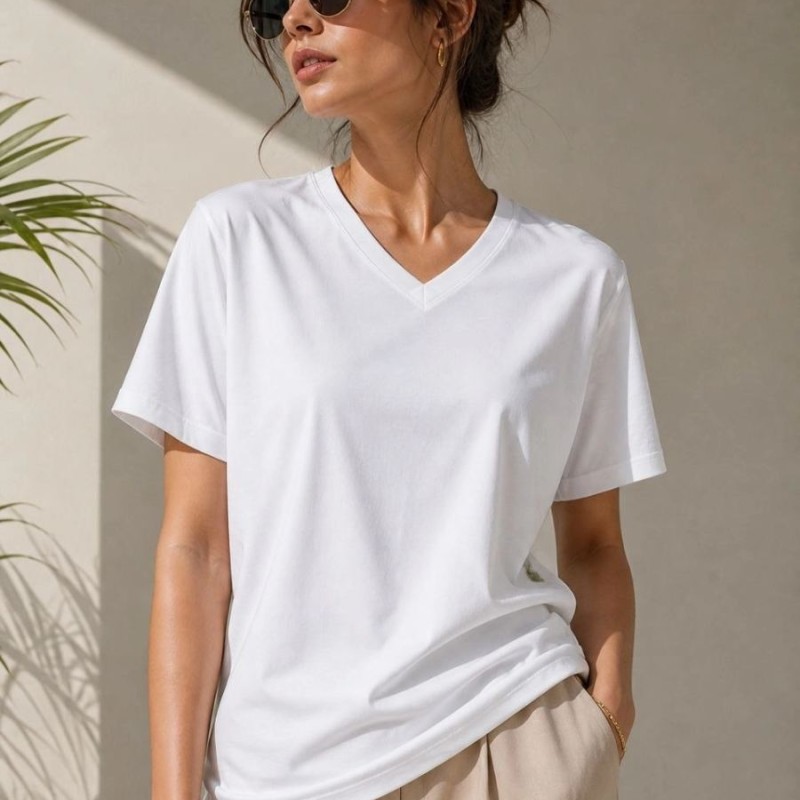 Kadın V Yaka Basic Tişört Kısa Kol Yazlık Regular Fit T-Shirt - Beyaz Kadın V Yaka Basic Tişört Kısa Kol Yazlık Regular Fit T-Shirt - Beyaz