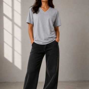 Kadın V Yaka Basic Tişört Kısa Kol Yazlık Regular Fit T-Shirt - Gri Kadın V Yaka Basic Tişört Kısa Kol Yazlık Regular Fit T-Shirt - Gri