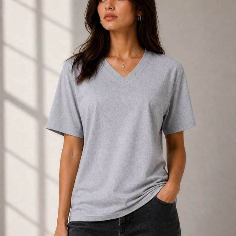 Kadın V Yaka Basic Tişört Kısa Kol Yazlık Regular Fit T-Shirt - Gri Kadın V Yaka Basic Tişört Kısa Kol Yazlık Regular Fit T-Shirt - Gri