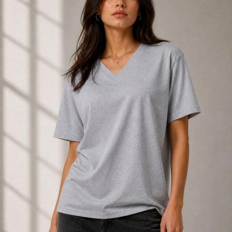 Kadın V Yaka Basic Tişört Kısa Kol Yazlık Regular Fit T-Shirt - Gri Kadın V Yaka Basic Tişört Kısa Kol Yazlık Regular Fit T-Shirt - Gri