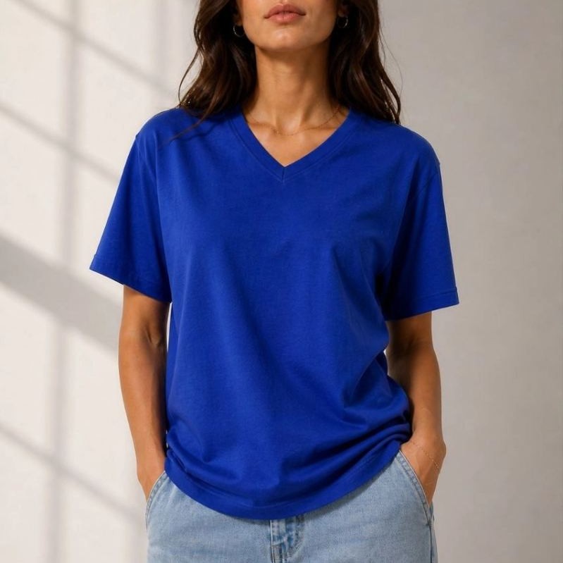 Kadın V Yaka Basic Tişört Kısa Kol Yazlık Regular Fit T-Shirt - Saks Mavisi Kadın V Yaka Basic Tişört Kısa Kol Yazlık Regular Fit T-Shirt - Saks Mavisi
