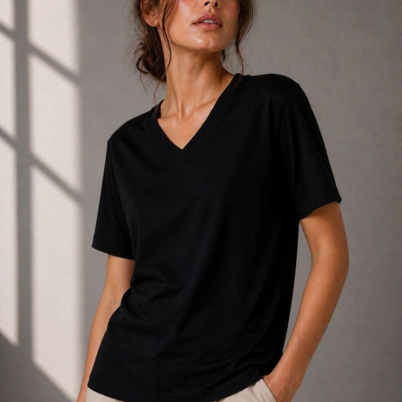 Kadın V Yaka Basic Tişört Kısa Kol Yazlık Regular Fit T-Shirt - Siyah Kadın V Yaka Basic Tişört Kısa Kol Yazlık Regular Fit T-Shirt - Siyah
