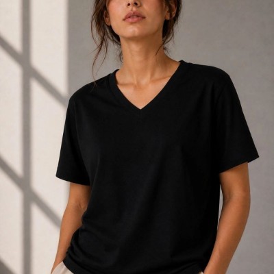 Kadın V Yaka Basic Tişört Kısa Kol Yazlık Regular Fit T-Shirt - Siyah Kadın V Yaka Basic Tişört Kısa Kol Yazlık Regular Fit T-Shirt - Siyah