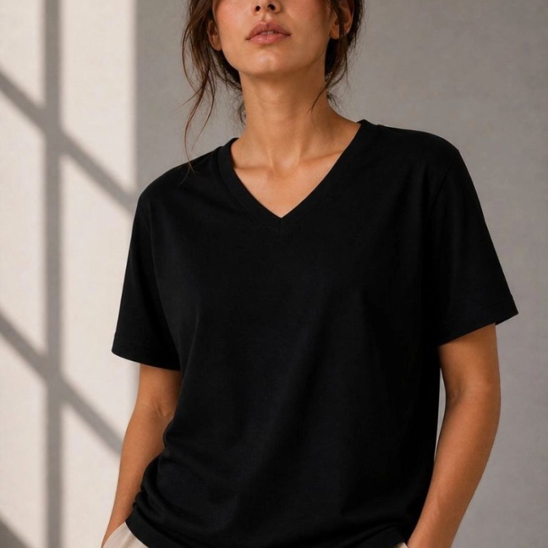 Kadın V Yaka Basic Tişört Kısa Kol Yazlık Regular Fit T-Shirt - Siyah Kadın V Yaka Basic Tişört Kısa Kol Yazlık Regular Fit T-Shirt - Siyah