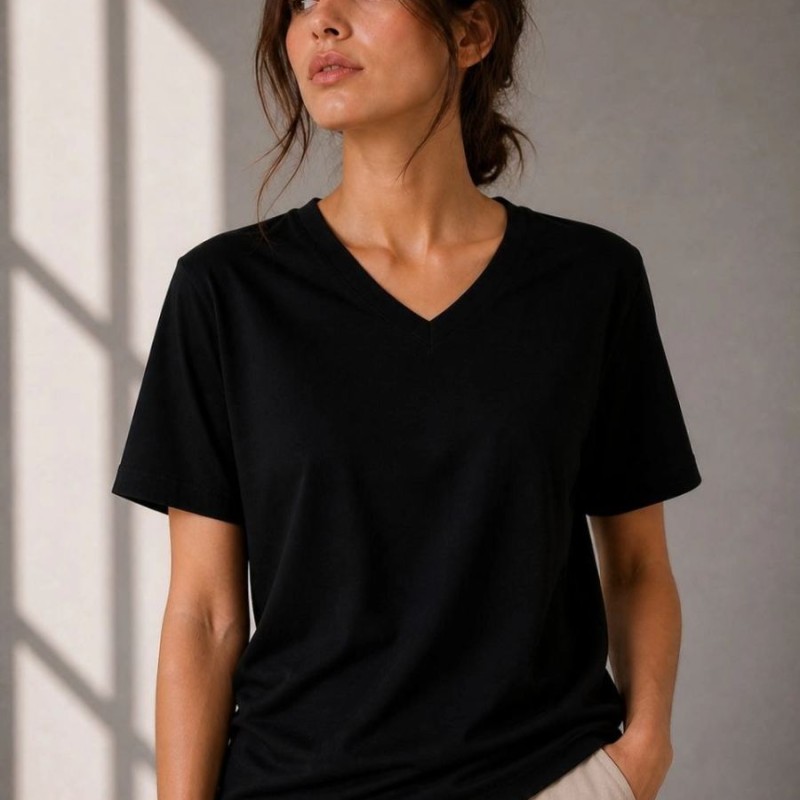 Kadın V Yaka Basic Tişört Kısa Kol Yazlık Regular Fit T-Shirt - Siyah Kadın V Yaka Basic Tişört Kısa Kol Yazlık Regular Fit T-Shirt - Siyah