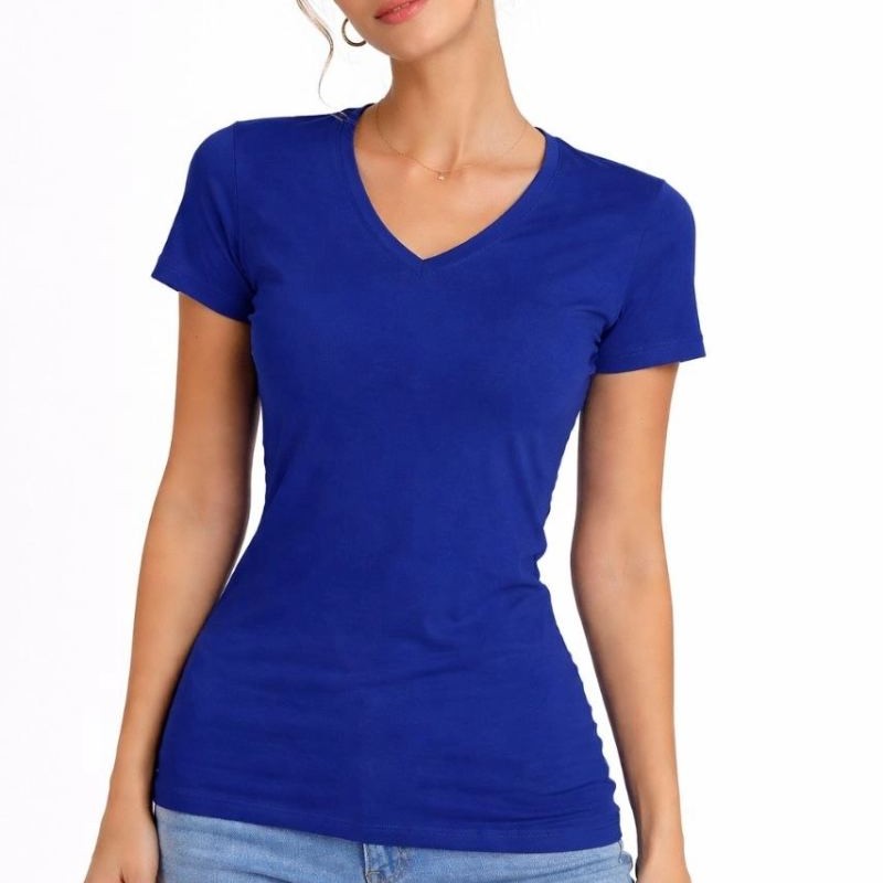 Kadın V Yaka Tişört Kısa Kol Slim Fit T-shirt 2'li Set Saks Mavisi-Ekru Kadın V Yaka Tişört Kısa Kol Slim Fit T-shirt 2'li Set Saks Mavisi-Ekru