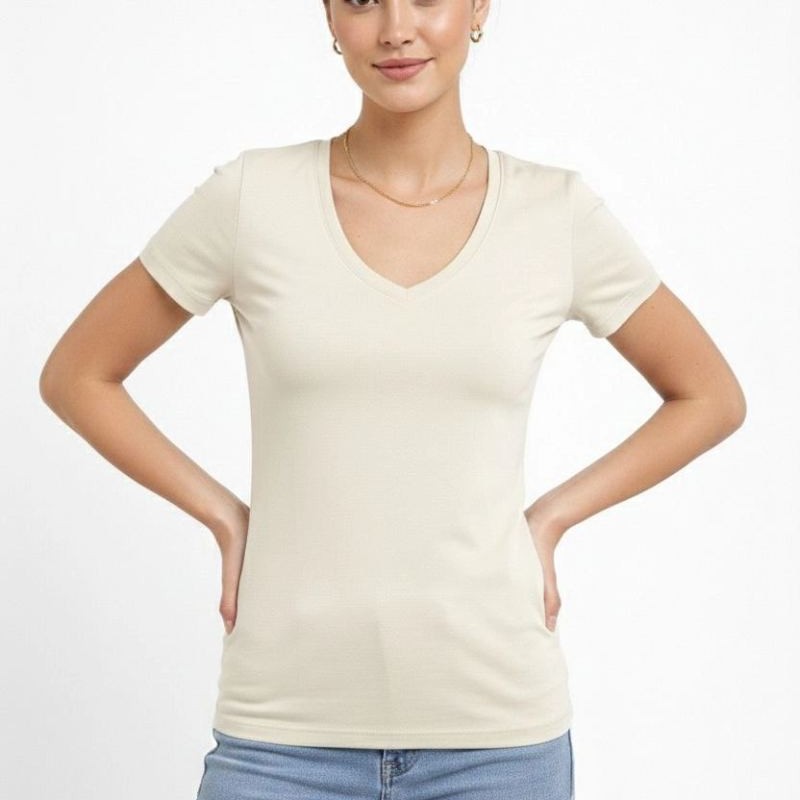 Kadın V Yaka Tişört Kısa Kol Slim Fit T-shirt 2'li Set Saks Mavisi-Ekru Kadın V Yaka Tişört Kısa Kol Slim Fit T-shirt 2'li Set Saks Mavisi-Ekru