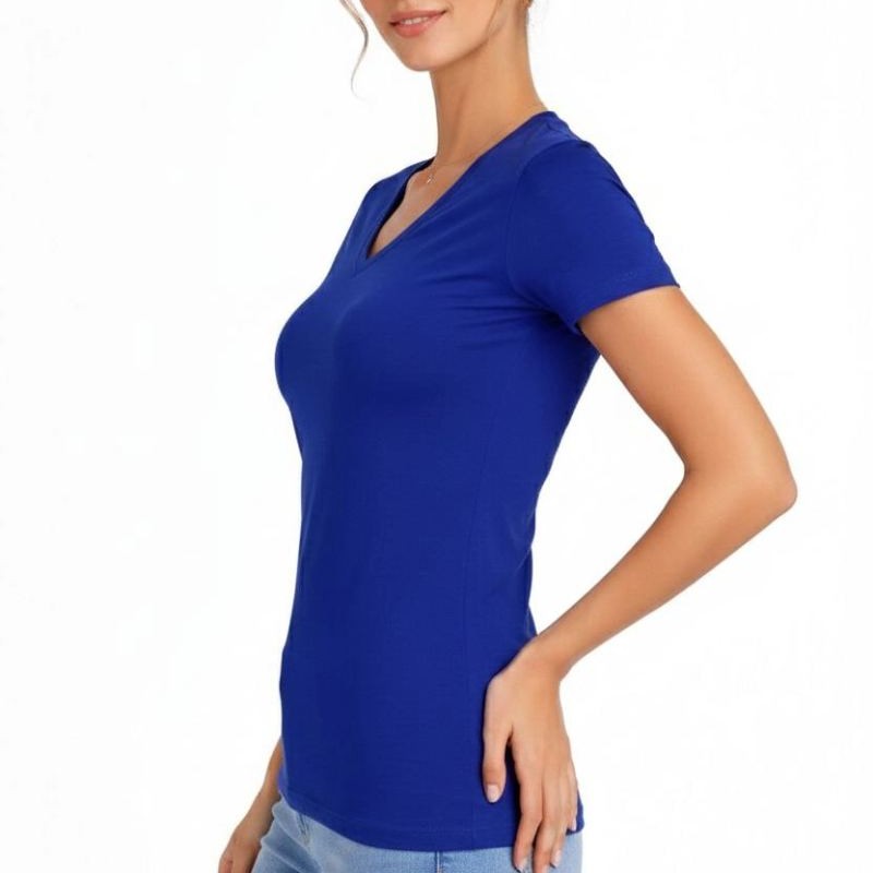 Kadın V Yaka Tişört Kısa Kol Slim Fit T-shirt 2'li Set Saks Mavisi-Ekru Kadın V Yaka Tişört Kısa Kol Slim Fit T-shirt 2'li Set Saks Mavisi-Ekru