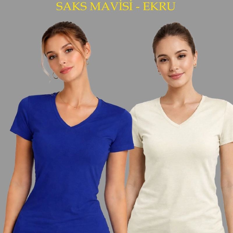 Kadın V Yaka Tişört Kısa Kol Slim Fit T-shirt 2'li Set Saks Mavisi-Ekru Kadın V Yaka Tişört Kısa Kol Slim Fit T-shirt 2'li Set Saks Mavisi-Ekru