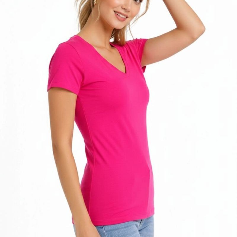 Kadın V Yaka Tişört Kısa Kol Slim Fit T-shirt 3'lü Set Pembe-Açık Mavi-Ekru Kadın V Yaka Tişört Kısa Kol Slim Fit T-shirt 3'lü Set Pembe-Açık Mavi-Ekru