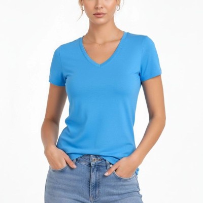 Kadın V Yaka Tişört Kısa Kol Slim Fit T-shirt 3'lü Set Pembe-Açık Mavi-Ekru Kadın V Yaka Tişört Kısa Kol Slim Fit T-shirt 3'lü Set Pembe-Açık Mavi-Ekru