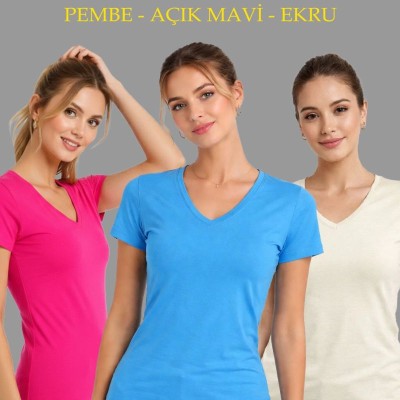 Kadın V Yaka Tişört Kısa Kol Slim Fit T-shirt 3'lü Set Pembe-Açık Mavi-Ekru Kadın V Yaka Tişört Kısa Kol Slim Fit T-shirt 3'lü Set Pembe-Açık Mavi-Ekru