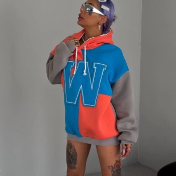 Kadın W Nakış İşlemeli Kapüşonlu 3 iplik pamuklu Parçalı Sweatshirt Hoodie - Mavi Kadın W Nakış İşlemeli Kapüşonlu 3 iplik pamuklu Parçalı Sweatshirt Hoodie - Mavi