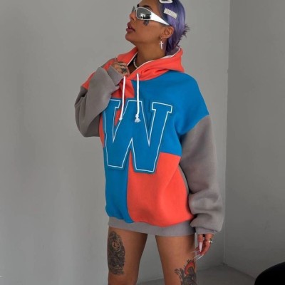 Kadın W Nakış İşlemeli Kapüşonlu 3 iplik pamuklu Parçalı Sweatshirt Hoodie - Mavi Kadın W Nakış İşlemeli Kapüşonlu 3 iplik pamuklu Parçalı Sweatshirt Hoodie - Mavi