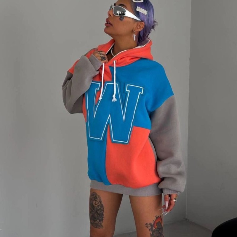 Kadın W Nakış İşlemeli Kapüşonlu 3 iplik pamuklu Parçalı Sweatshirt Hoodie - Mavi Kadın W Nakış İşlemeli Kapüşonlu 3 iplik pamuklu Parçalı Sweatshirt Hoodie - Mavi