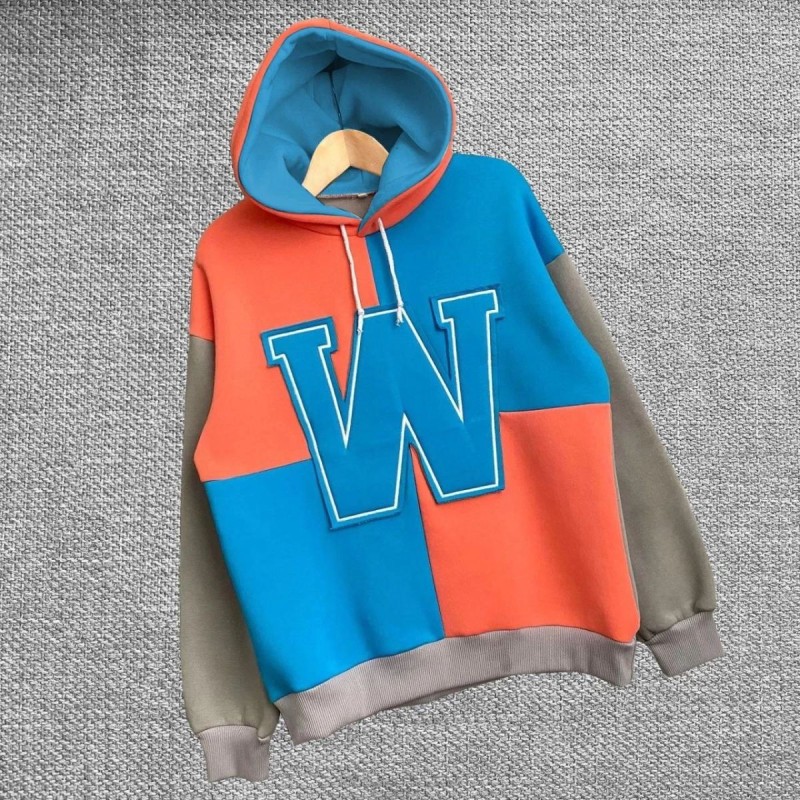 Kadın W Nakış İşlemeli Kapüşonlu 3 iplik pamuklu Parçalı Sweatshirt Hoodie - Mavi Kadın W Nakış İşlemeli Kapüşonlu 3 iplik pamuklu Parçalı Sweatshirt Hoodie - Mavi