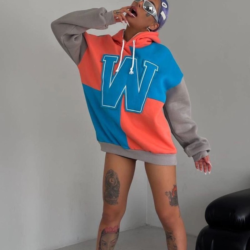 Kadın W Nakış İşlemeli Kapüşonlu 3 iplik pamuklu Parçalı Sweatshirt Hoodie - Mavi Kadın W Nakış İşlemeli Kapüşonlu 3 iplik pamuklu Parçalı Sweatshirt Hoodie - Mavi