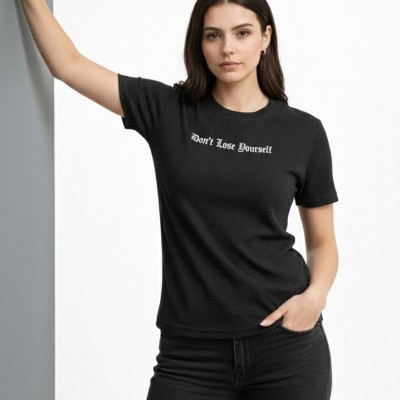 Kadın Wafıl Kumaş Tişört Regular Kalıp Bisiklet Yaka Baskılı T-Shirt - Siyah Kadın Wafıl Kumaş Tişört Regular Kalıp Bisiklet Yaka Baskılı T-Shirt - Siyah