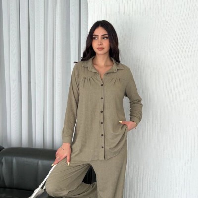 Kadın Yakalı Düğmeli Uzun Kollu Gömlek Pantolon ikili Takım - Bej Kadın Yakalı Düğmeli Uzun Kollu Gömlek Pantolon ikili Takım - Bej