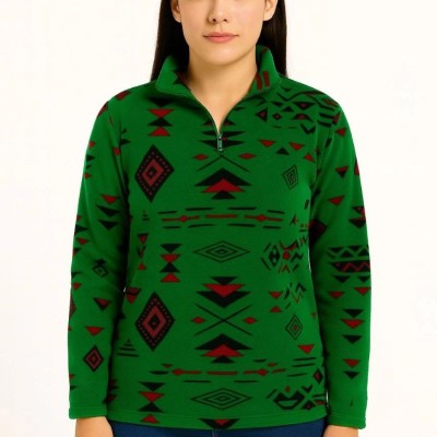 Kadın Yarım Fermuarlı Desenli Polar Sweat Tribal Etnik Desen Yakalı Uzun Kollu - Yeşil Kadın Yarım Fermuarlı Desenli Polar Sweat Tribal Etnik Desen Yakalı Uzun Kollu - Yeşil