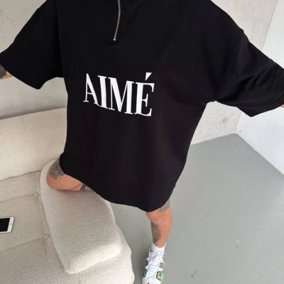 Kadın Yarım Fermuarlı Tişört Baskılı T-Shirt - Siyah Kadın Yarım Fermuarlı Tişört Baskılı T-Shirt - Siyah
