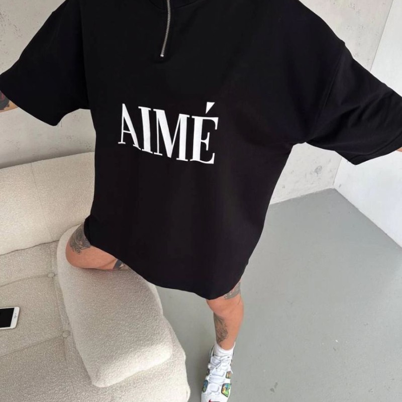 Kadın Yarım Fermuarlı Tişört Baskılı T-Shirt - Siyah Kadın Yarım Fermuarlı Tişört Baskılı T-Shirt - Siyah