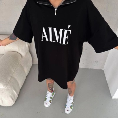 Kadın Yarım Fermuarlı Tişört Baskılı T-Shirt - Siyah Kadın Yarım Fermuarlı Tişört Baskılı T-Shirt - Siyah