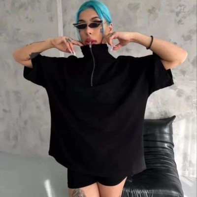 Kadın Yarım Fermuarlı Tişört Düz Oversize T-Shirt - Siyah Kadın Yarım Fermuarlı Tişört Düz Oversize T-Shirt - Siyah
