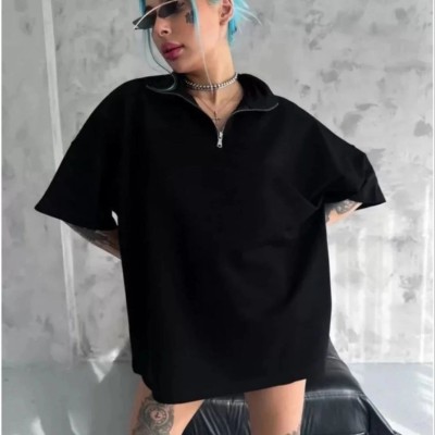 Kadın Yarım Fermuarlı Tişört Düz Oversize T-Shirt - Siyah Kadın Yarım Fermuarlı Tişört Düz Oversize T-Shirt - Siyah