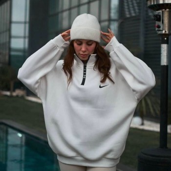 Kadın Yarım Fermuarlı Üç iplik Şardonlu Pamuklu Sweatshirt - Beyaz