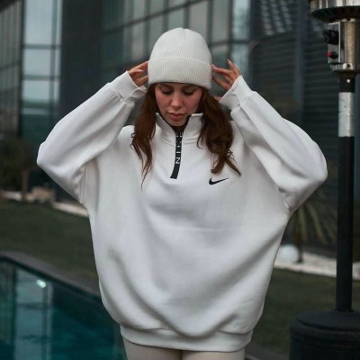 Kadın Yarım Fermuarlı Üç iplik Şardonlu Pamuklu Sweatshirt - Beyaz